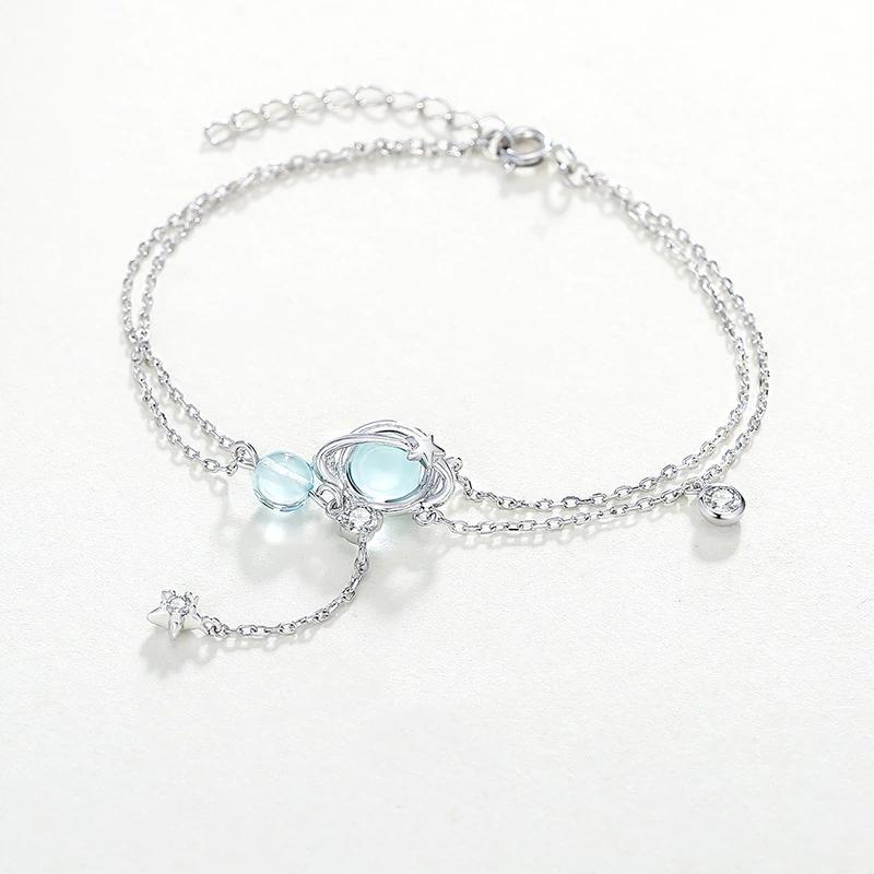 925 Silver 19CM Double Bracelet Aquamarine Crystal Encrusted Bracelet Elegant Feminine Trend Jewelry