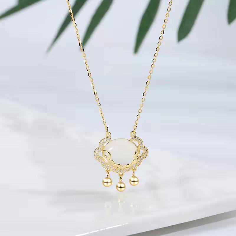 Japanese Korean White Chalcedony Longevity Peace Lock Necklace with Bell Pendant - Niche Design for Women