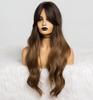 ALAN EATON Long Wavy Ombre Black Dark Brown Wig with Bangs Wave Heat Resistant Synthetic Wigs for Women African American Cosplay
