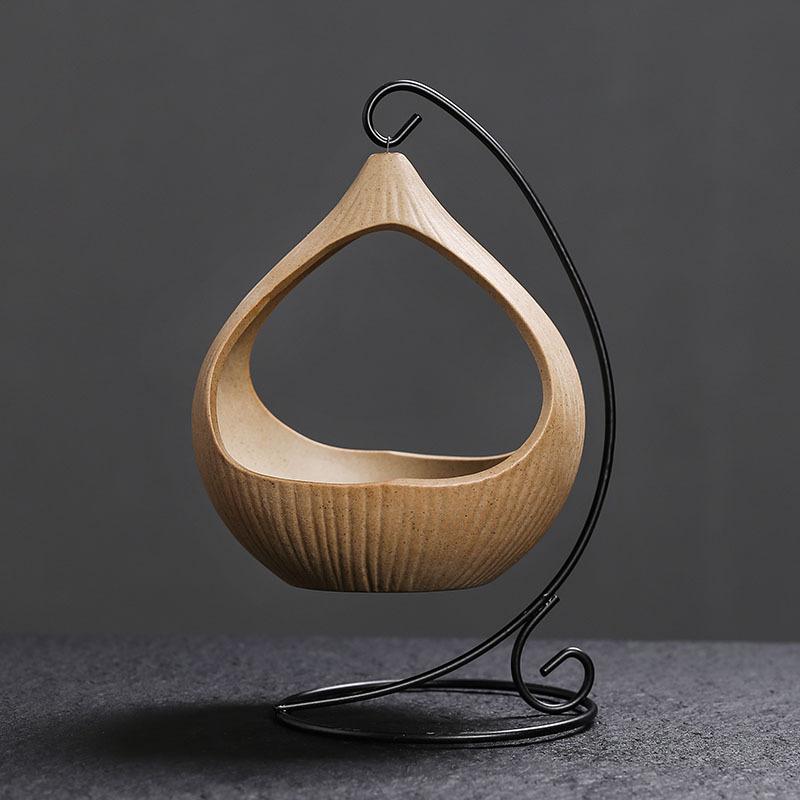 1pc Iron Frame Hanging Basket Ceramic Incense Burner with Creative Ceramic Sage and Peruvian Wood Tray (Without Incense)
