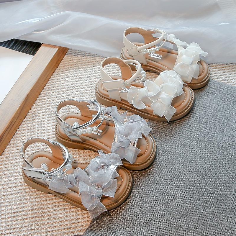 Kids Beach Shoes Open Toes Sweet Lace Girls Sandals Pu Leather 2025 Summer New Children Princess Shoes Soild Color Elegant Cute