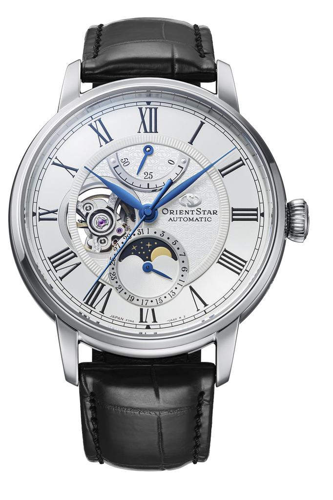 Orient Star M45 F7 Automatic Watch with Mechanical Moon Made in Includes Replacement and Comes with a Warranty White Phase, Japan, Strap, 2-Year