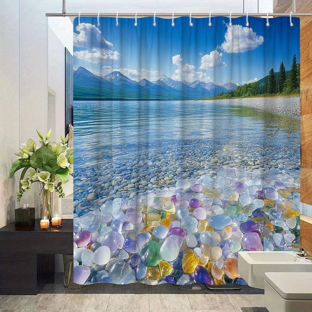 1pc Landscape Shower Curtain Stone Lake And Mountain Scenery Bathroom Decoration Polyester Fabric Contains 12 Hooks