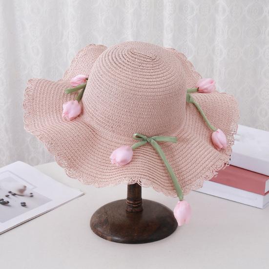 Beach Hat Wave Lace Trim Design Tulip Bow Decor Full Face Sun Protection Large Brim UV Blocking Summer Straw Hat