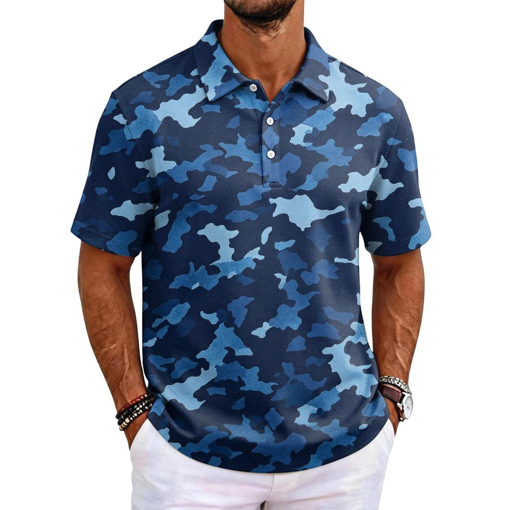 Men's Camouflage Polo Shirt Slim Fit Short Sleeve Business Casual Collar Buttoned Front Breathable Fabric Lightweight Design