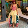 European and American Women's Clothing Autumn New Fashionable Sweet One-word Collar Straps Slim Pleated Striped Dress