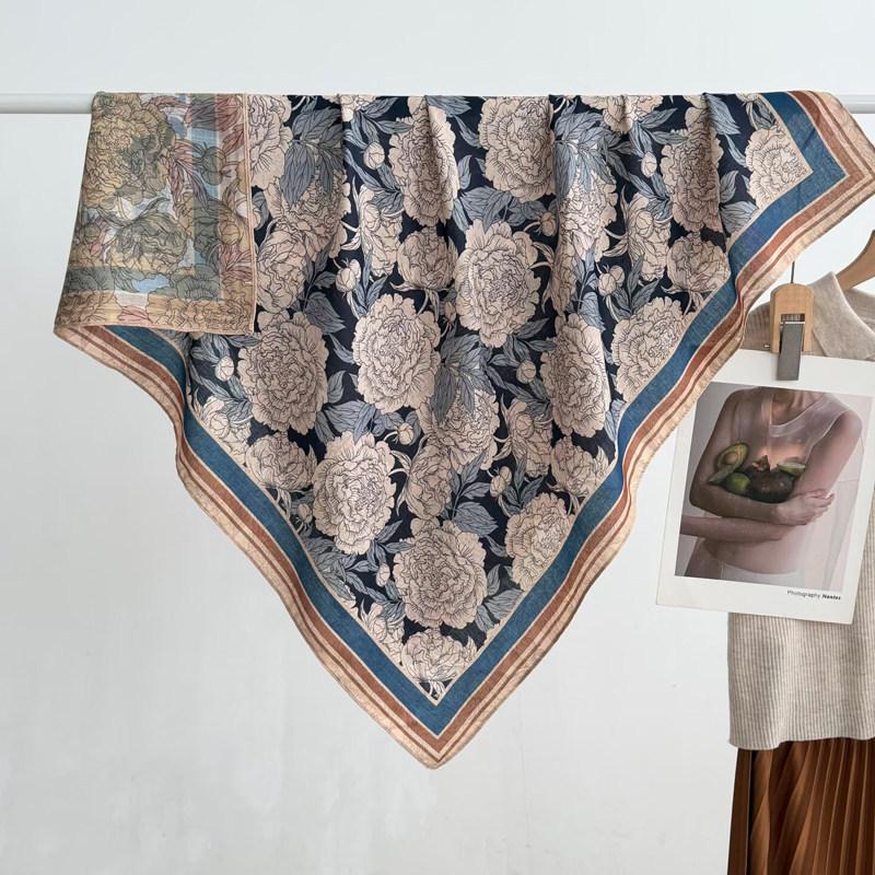 Pastoral Floral Velvet Double-sided Scarf 91 Large Square Scarf Women's Summer Travel Photo Silk Scarf Sun Protection Shawl