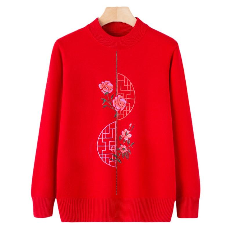 Mom Autumn Knitted Sweater Top Medium and Old Autumn and Winter Crew Neck Bottoming Shirt Grandma Pullover Sweater Elderly Clothes