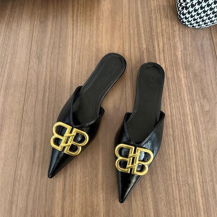 

2025 весна новые тапочки женские модные европейский и американский стиль металлическая пряжка заостренный нос высокий каблук сумка головка полутапочки женские пряжка 35 чёрный