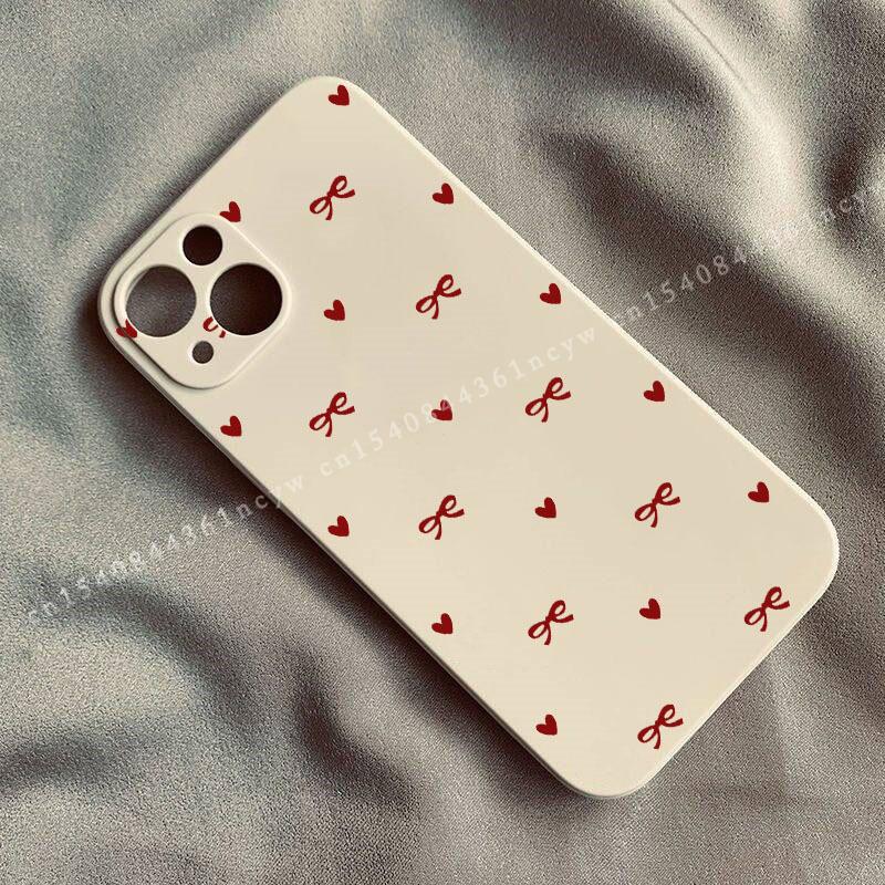 Cute Pink Bow Korean Style Phone Case For IPhone 15 14 13 12 11 Pro Max XR XS X 7 8 Plus Love Heart Soft Square Silcone Cover