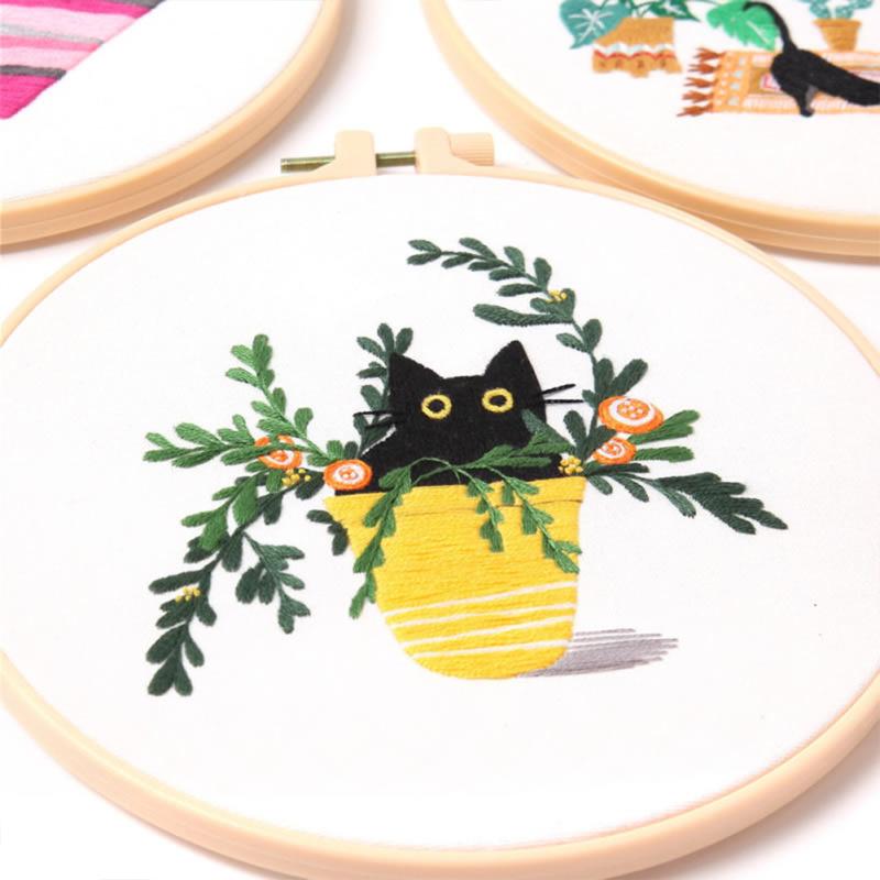 Cat  Pattern  Embroidery  Kit Embroidery Diy Package 20cm Embroidery Stretch Handmade Sewing Craft
