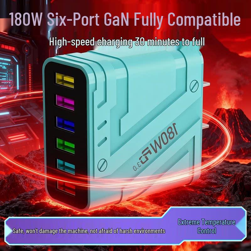 180W GaN Fast Charger with PD3.0, QC3.0, Super Flash Charge, 6-Port USB, Auto Disconnect