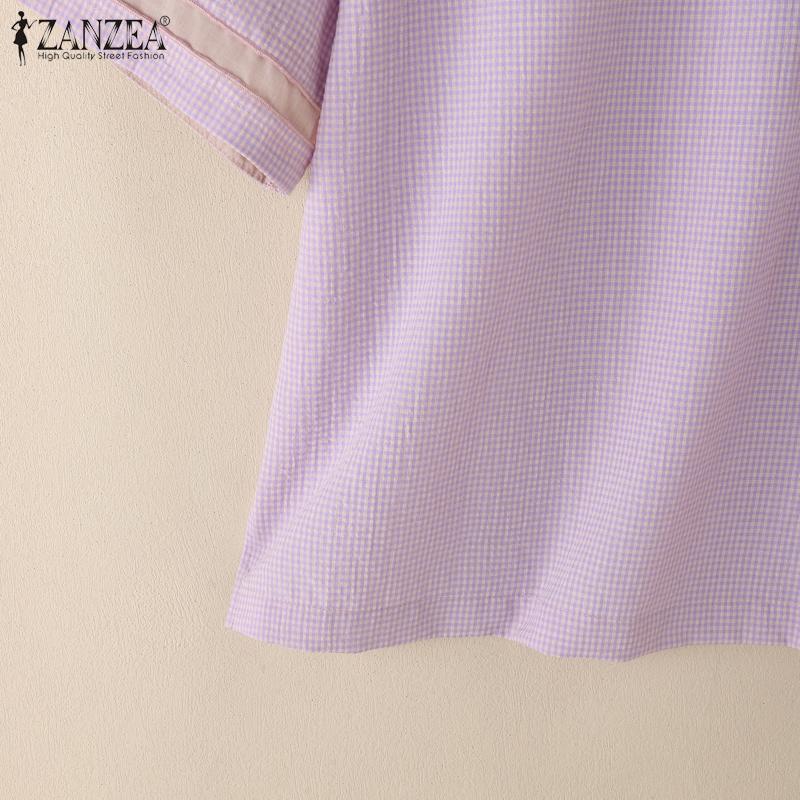 ZANZEA Women Summer Round Neck Casual Grid Print Short Sleeve Blouse