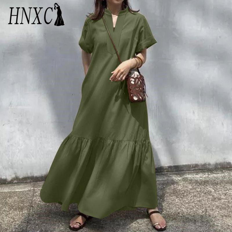 

HNXC S-5XL Летнее Повседневное Однотонное Женское Длинное Платье с V-образным Вырезом и Коротким Рукавом XXXL зелёный