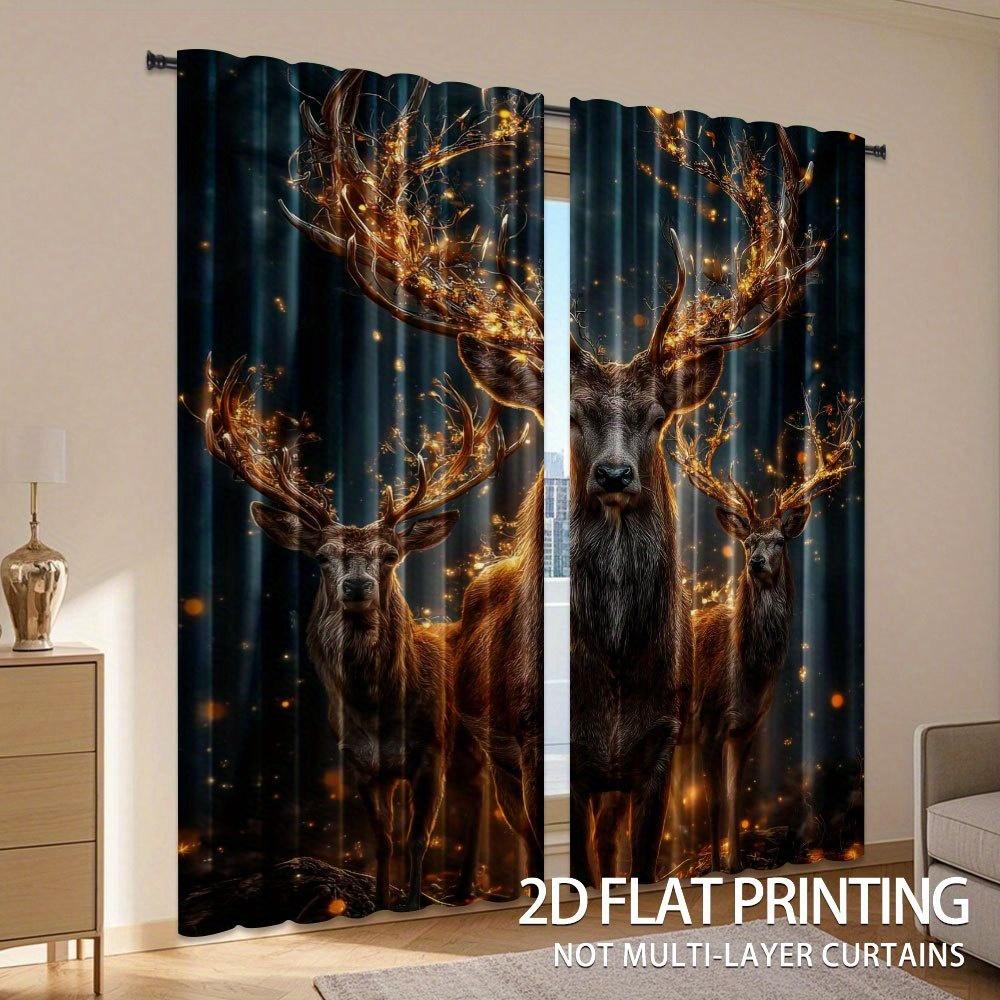 2pcs Magic Deer Winter Forest Curtains - Semi-Sheer Polyester Rod Pocket Curtains with Glowing Deer & Glowing Eyes   for Living R