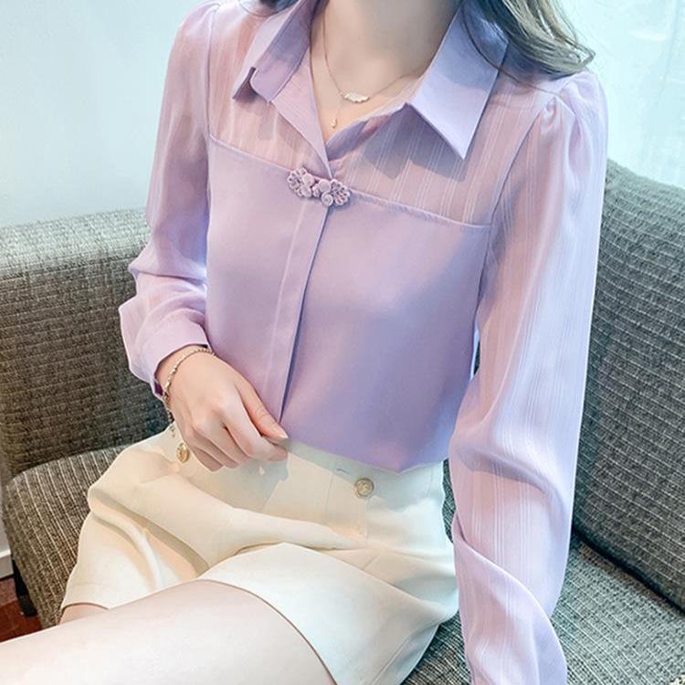 

2025 Spring Collection: Women s Chic French Chiffon Long Sleeve Shirt - Versatile and Stylish S фіолетовий