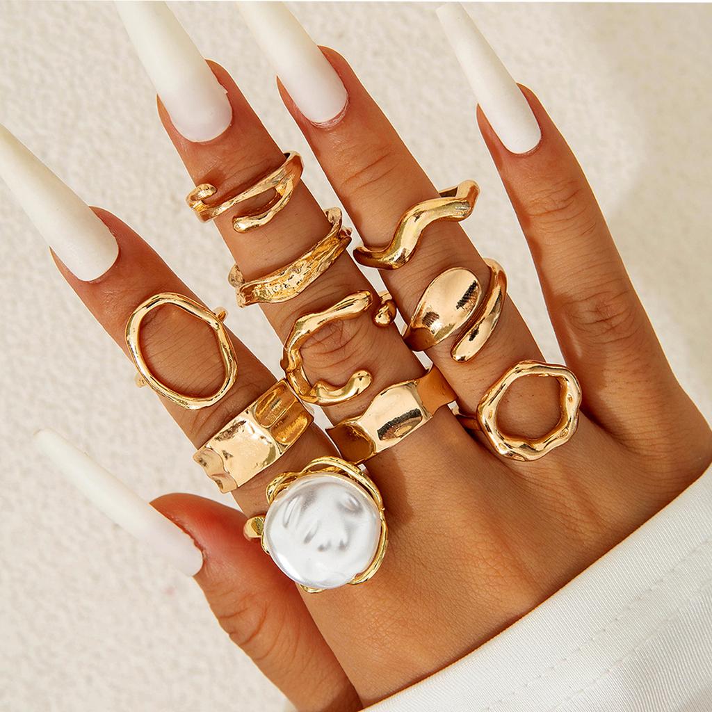 Accessories, versatile stacked wind special-shaped pearl ring, irregular dripping flower ring set