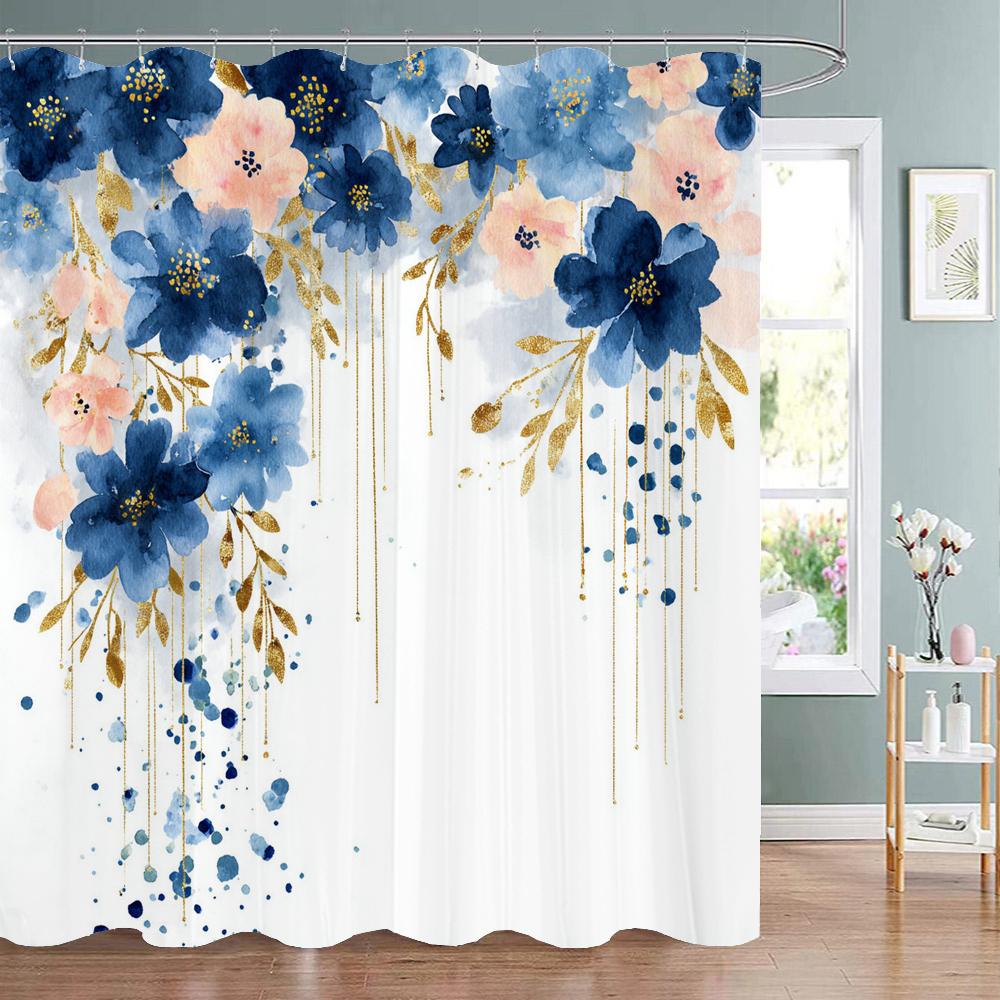 Watercolor Flowers And Plants Patterns Shower Curtain, Bathroom Decorative Shower Curtain, Waterproof Shower Curtain With Hooks