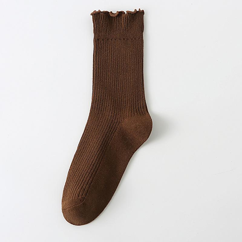 Double Needle Women s Mid-Calf Cotton Socks with Lace Ruffle and Vertical Stripe Trim 35-40 коричневый