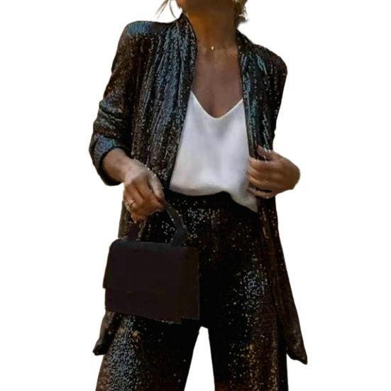 Women Pant Coat Shiny Sequin Formal Commute Style Solid Color Cardigan Long Seeve