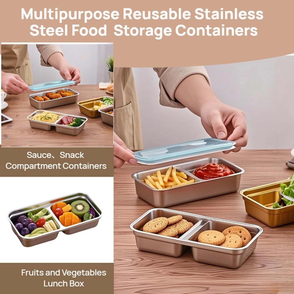 Reusable Stainless Steel Snack Containers with Lids, Stainless Steel Double Compartment Snack Box Containers Condiment Lunch Container with Lids, for