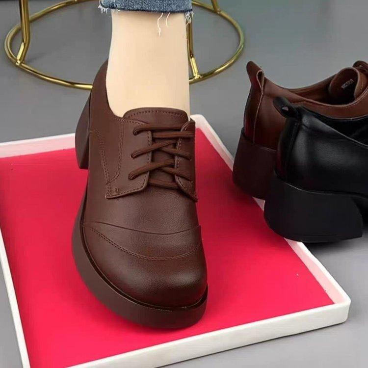 

Round head thick heel loafers women s 2025 autumn new lace-up British style small leather shoes popular medium heel black single shoes 40