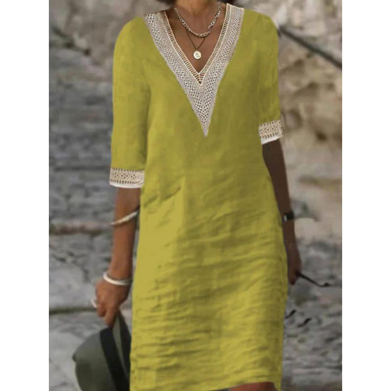 

Solid V-neck Medium Sleeve Dress for Women Pure Color V-neck Half Sleeves Dress yellow 5XL(5XL)
