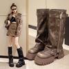 Platform Knee High Boots for Women's Punk Belt Buckle Square Toe Side Zipper Women Shoes Brown Tall Tube Retro Knight Boots