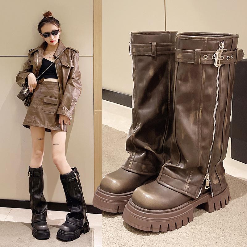 Platform Knee High Boots for Women's Punk Belt Buckle Square Toe Side Zipper Women Shoes Brown Tall Tube Retro Knight Boots