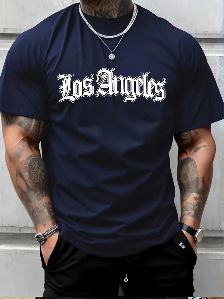 Men's summer 100 cotton fashionable casual loose plus size Los Angeles letter printed sports round neck short sleeved 2D T-shirt