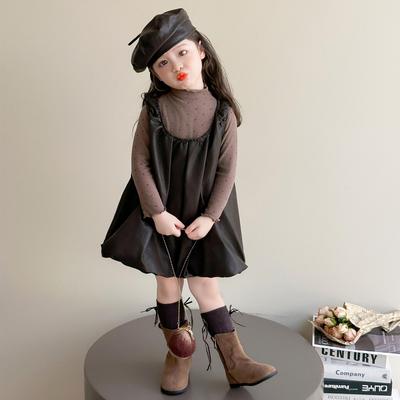 2025 Girls' Trendy Autumn Dress Set with PU Leather Skirt and Baby Sling
