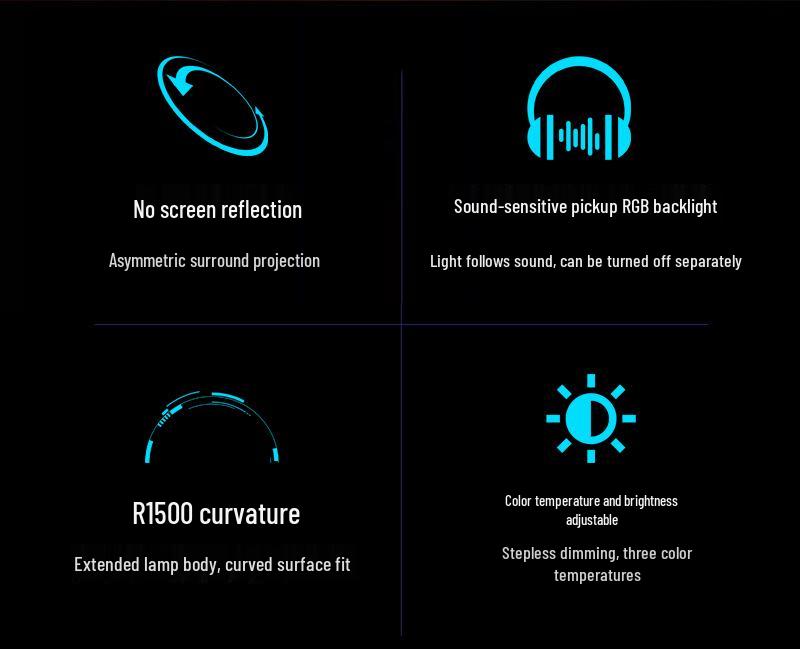 Curved Screen Hanging Lamp with Seven-Color LED, Sound-Reactive Rhythm, and Eye Protection Features.
