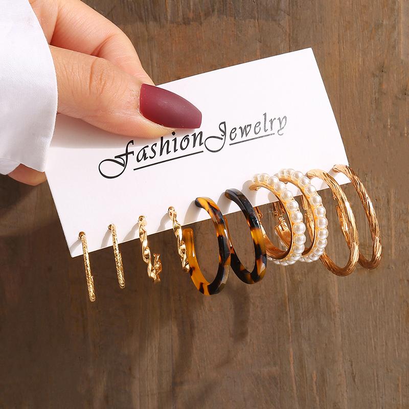 Goldfarbenes Vintage Geometrie Perlen Ohrring Set Metall Zwirn Quadrat Hängeohrringe Rund für Frauen Schlicht Trendig Party Zirkon