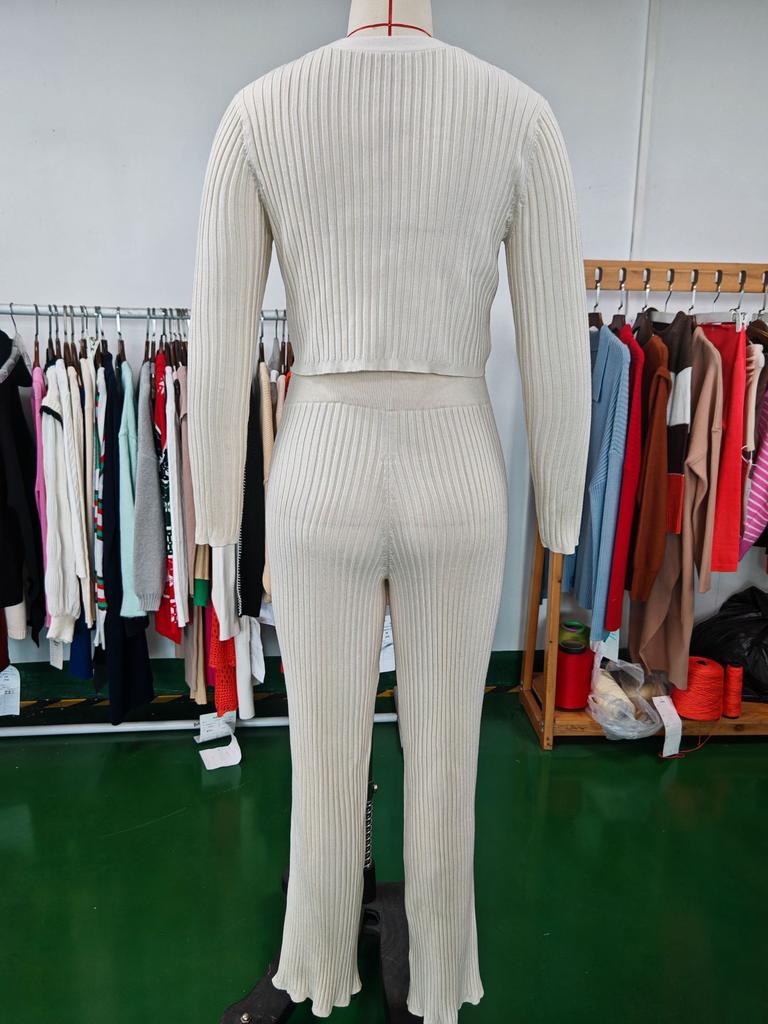 Solid Color Two-Piece V-Neck Short Knitted Cardigan Flared Pants