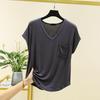 Women's Loose Casual V-neck Pocket Short Sleeved T-shirt For Summer Thin Cut Single Top Solid Color Inner Layer Bottom Layer