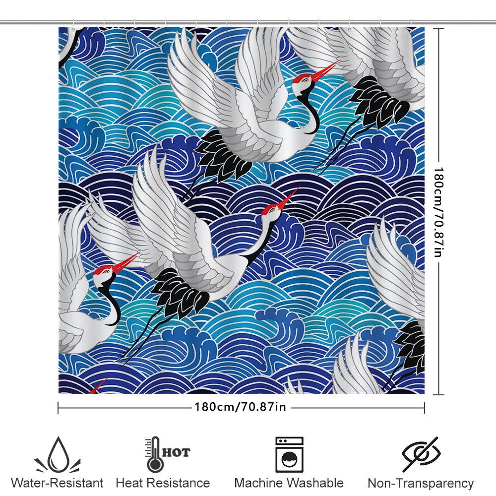 Blue Waves White Cranes Shower Curtain: Unique Home Decor For Bathrooms Printed Fabric Waterproof Hanging Decorations (Size Xxl)