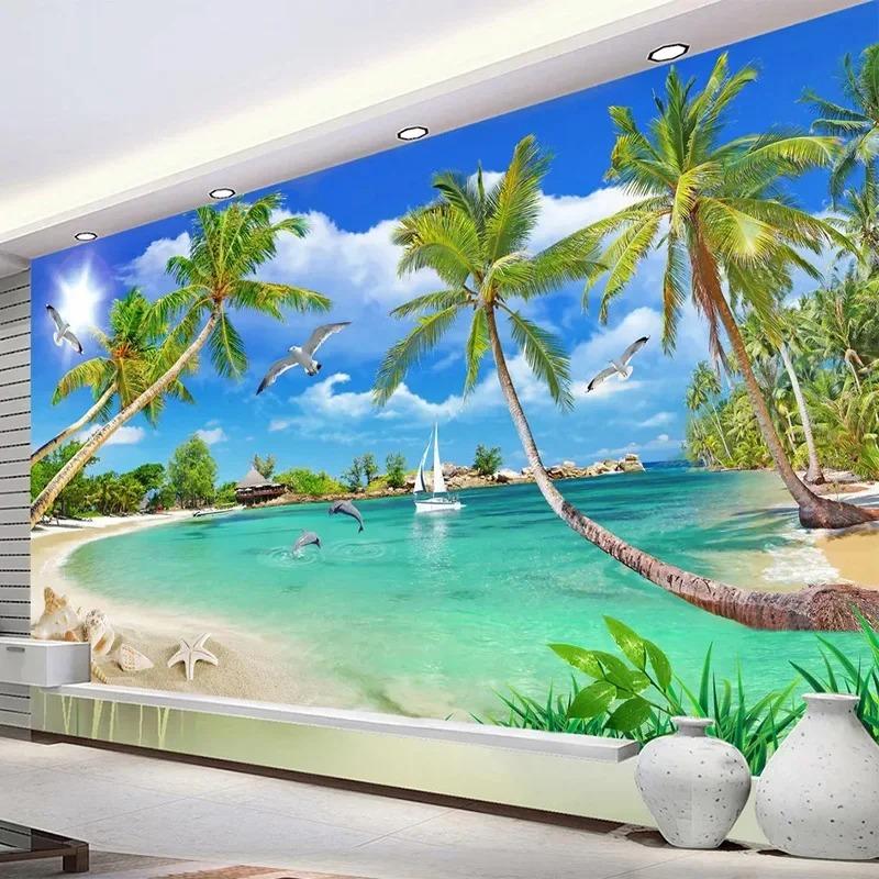Modern Simple 3d Wallpaper Coconut Tree Sea Landscape Murals Living Room Tv Sofa Dining Room Wall Mural