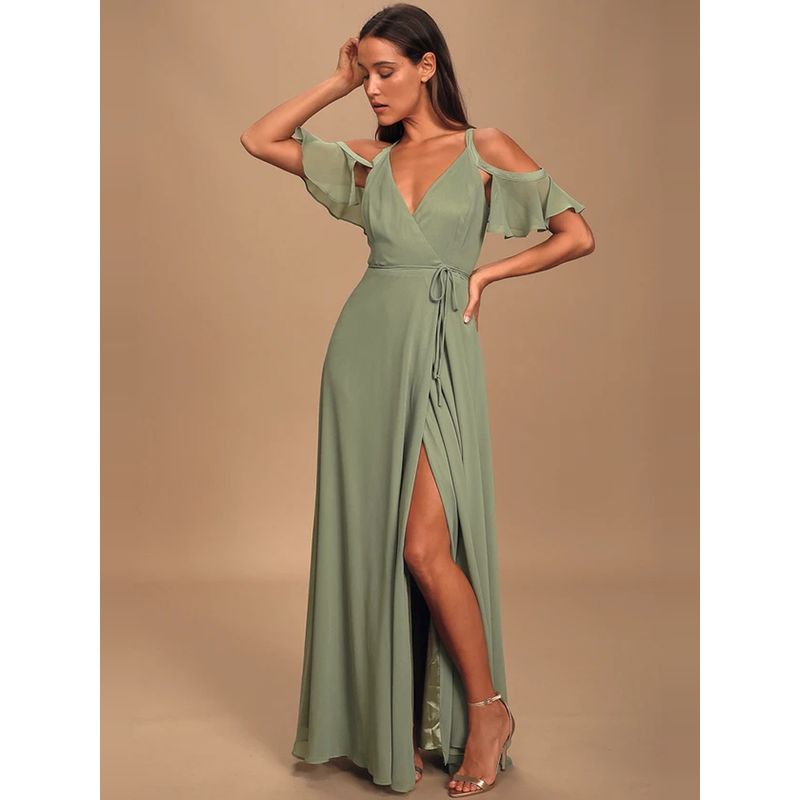 Lu's Export Single Boutique Model Unexpected Elegance Split Long Legs off-the-Shoulder Strap One Piece Formal Dress