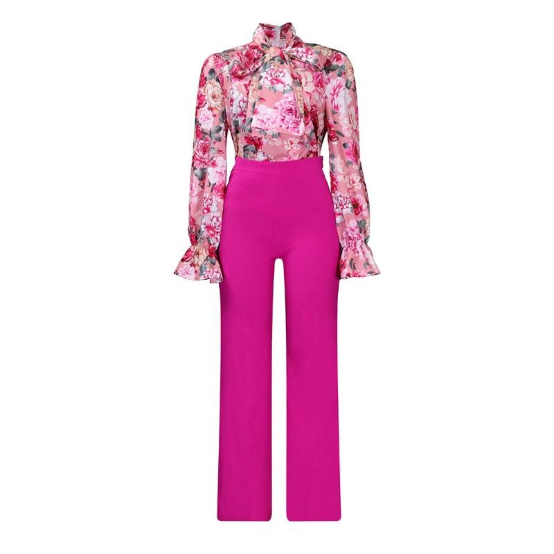 Women's Autumn and Winter Loose Large Size Casual Printed Long Sleeve Shirt Wide Leg Pants Two-piece Set