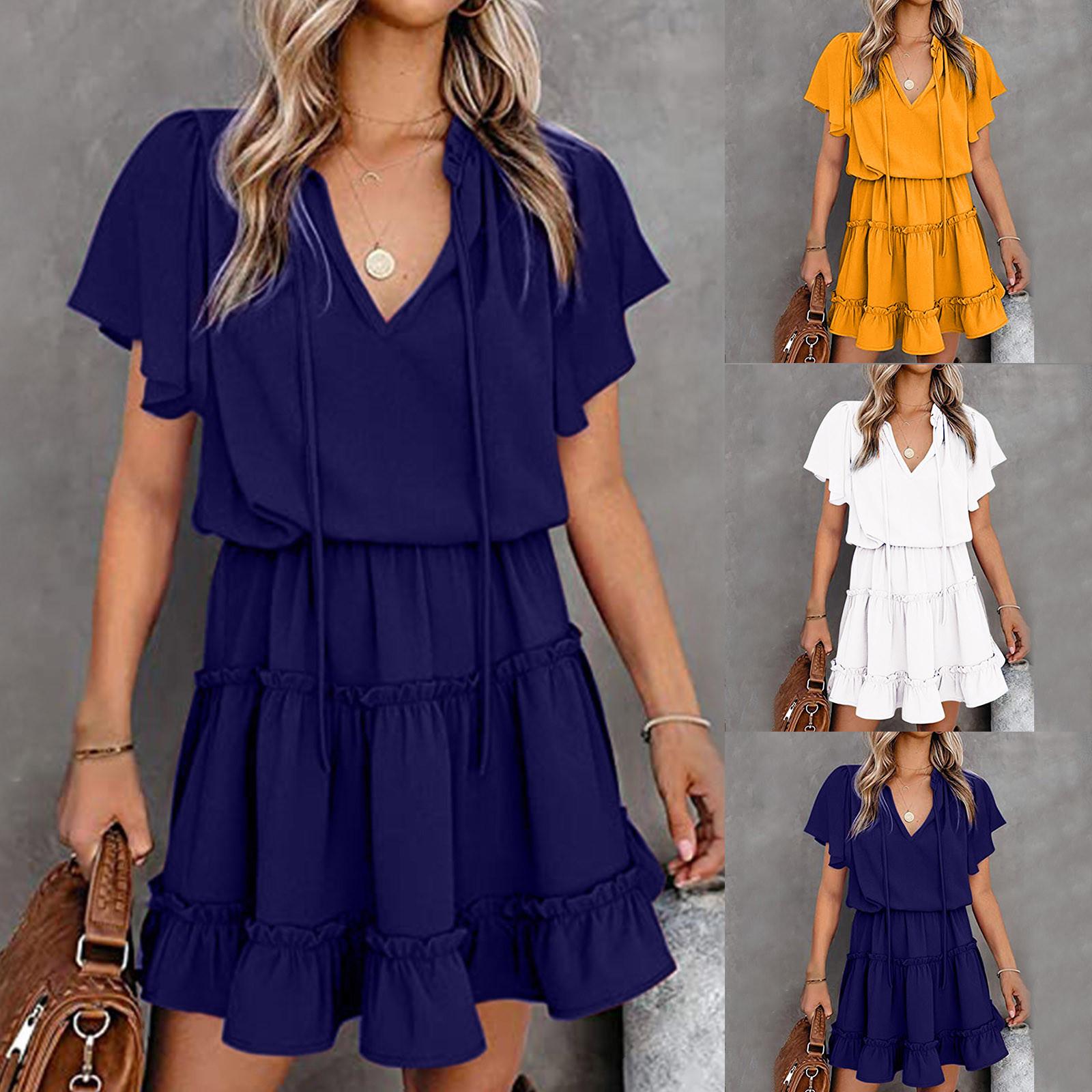 

Женская летняя модная плиссированная мини с коротким рукавом с v-образным вырезом