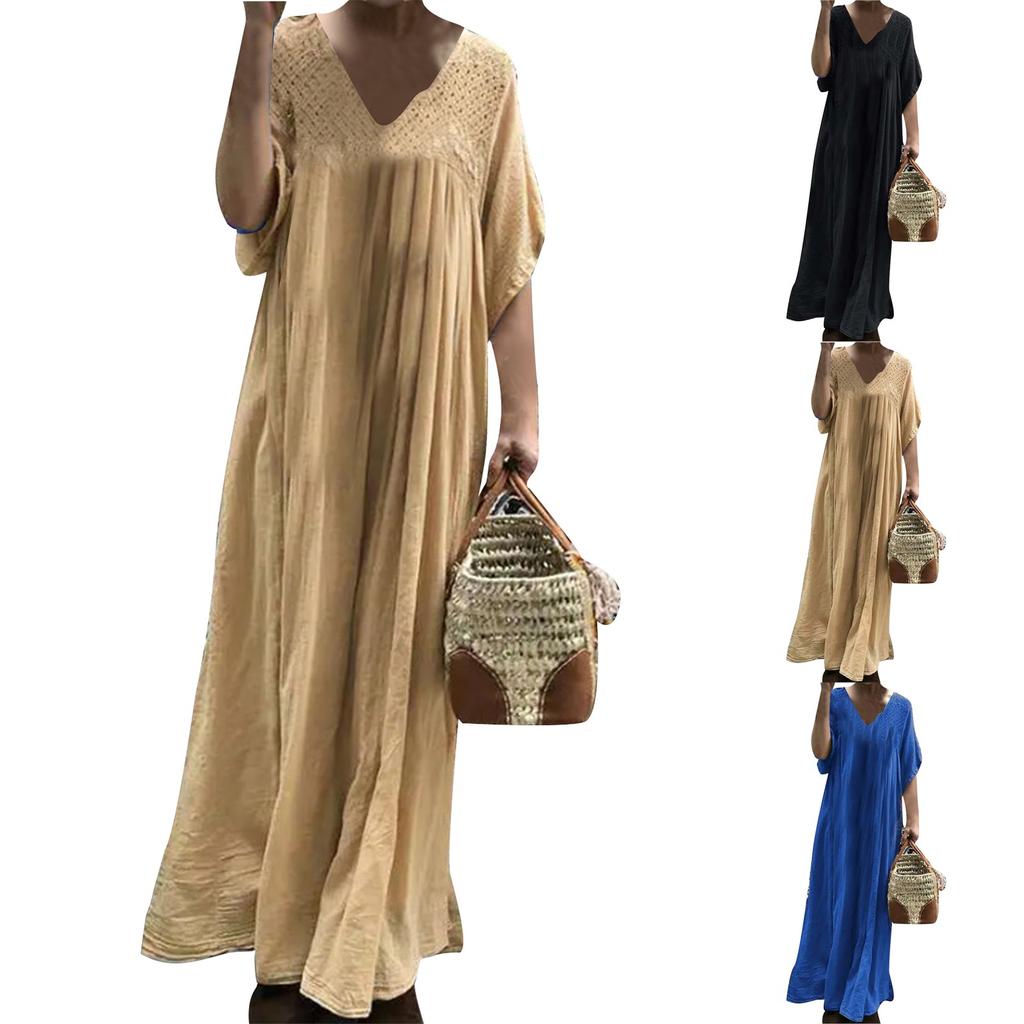 Women's Extra Long Dress Women's Lace Crochet Summer V-neck Flared Sleeves Color Sundress