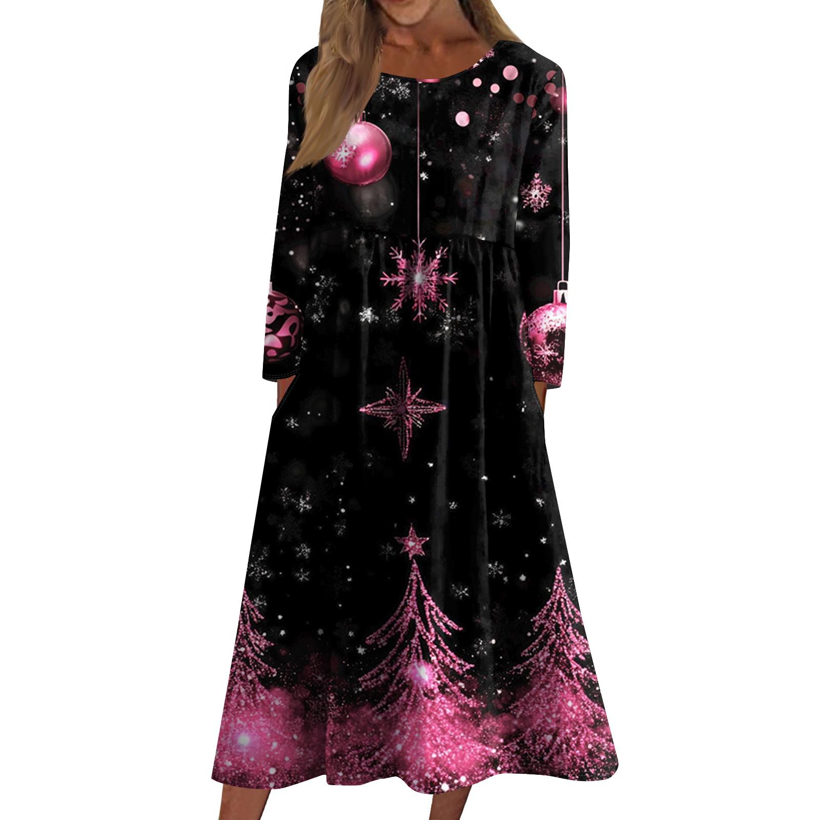 

Женское повседневное платье миди с круглым вырезом и рождественским принтом, платье с длинными рукавами и карманом L горячий розовый