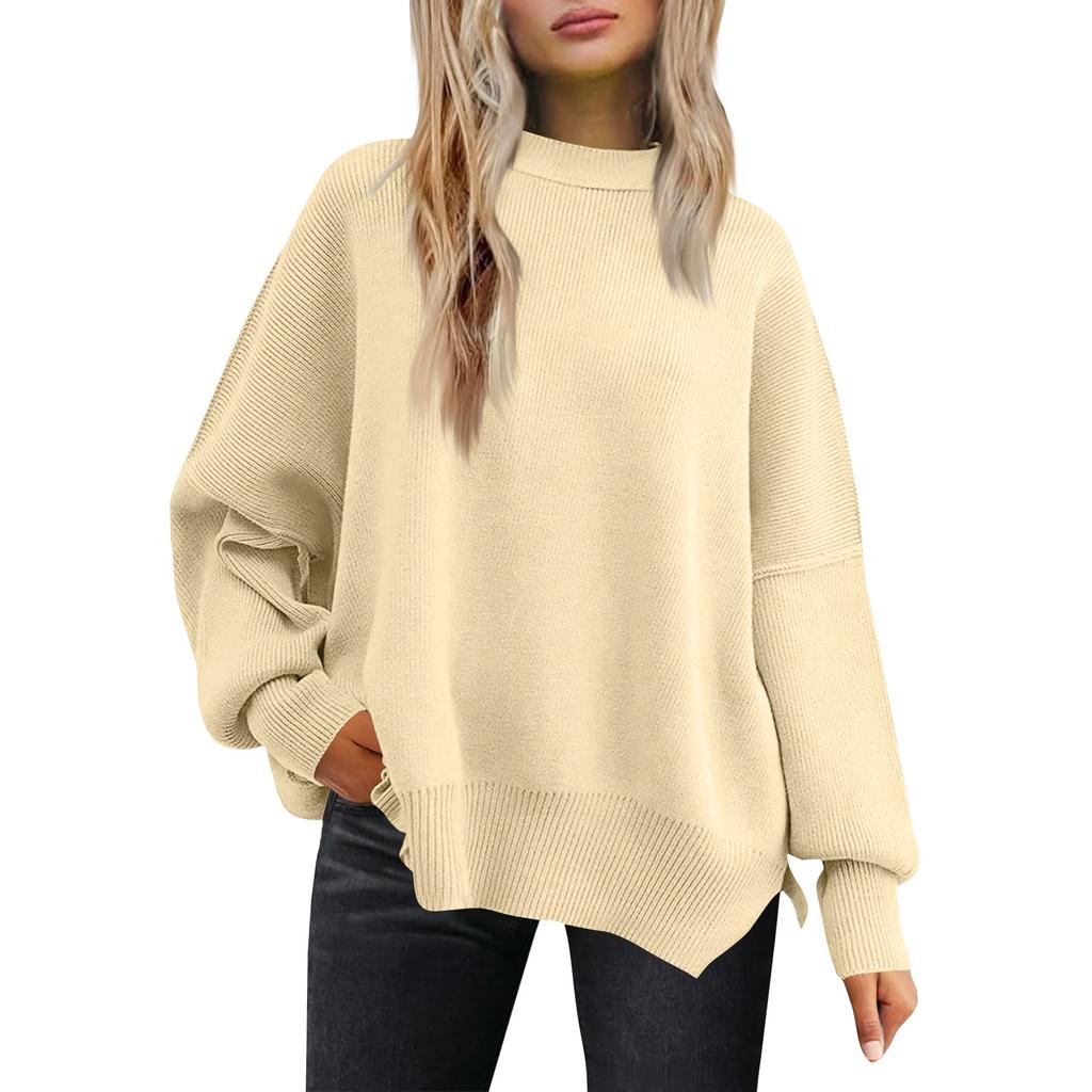 Women's Fashion Round Neck Long Sleeve Sweater Knitted Side Slit Pullover