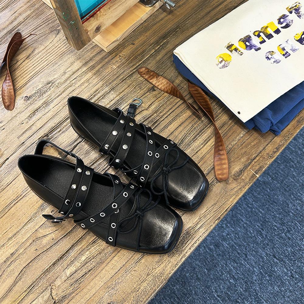 

Leather French Bow Ballet Shoes Women s Retro Belt Buckle Mary Jane Shoes Versatile Light Mouth Single Shoes 40 чёрный