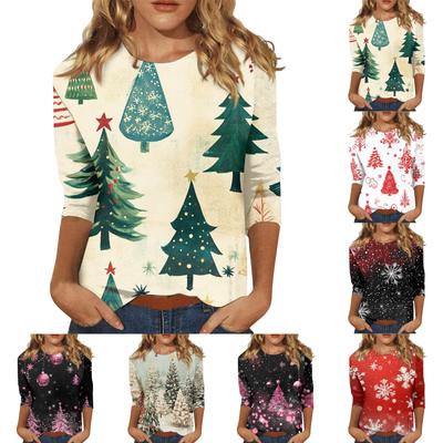 Women's Casual Loose Christmas Printed Round Neck Top With Three Quarter Sleeves T Shirt