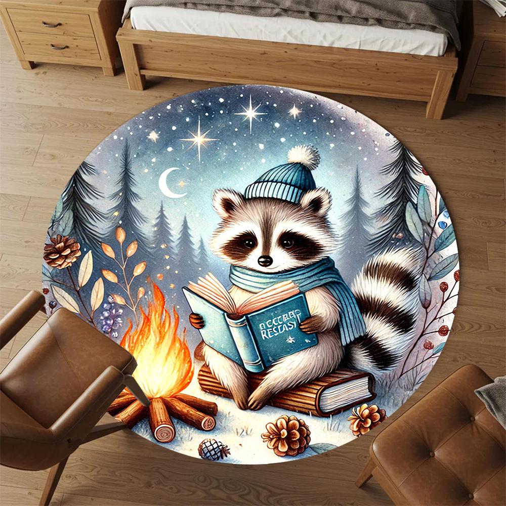 1pc Raccoon, Campfire Round Chair Mat Area Rug - Non-Slip, Floor Mat for Office, Bedroom, and Indoor Decor -1002071