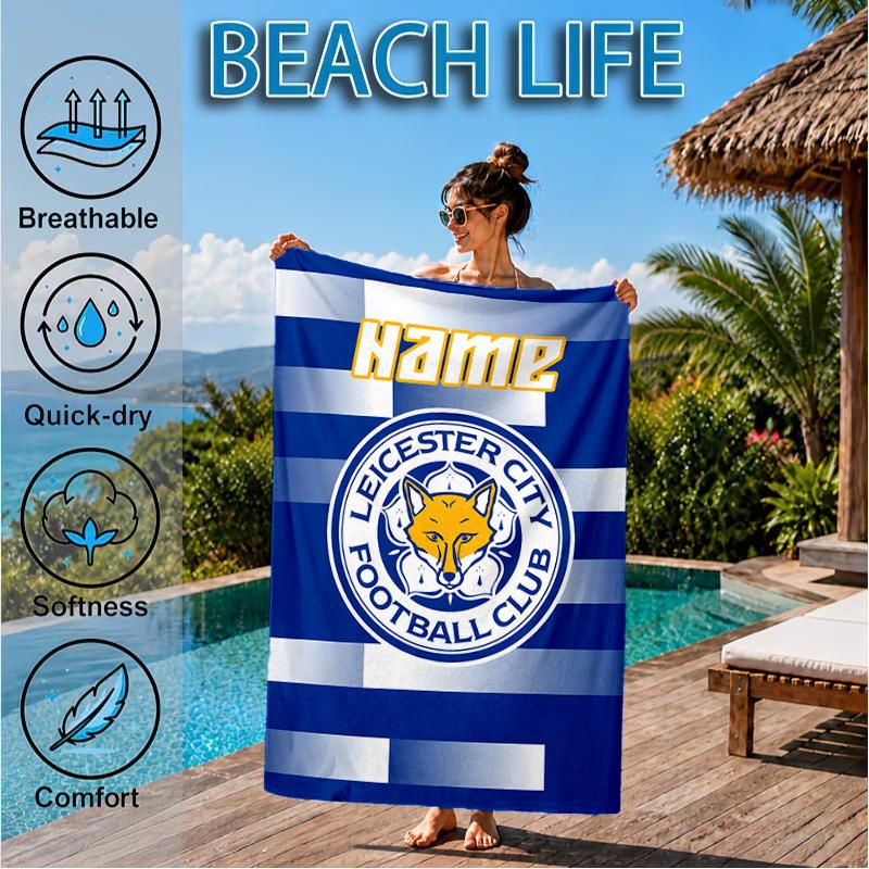 Custom Name Beach Towel Leicester Football Club Microfiber Beach Towel, Lightweight for Summer Travel, Swimming Pool Fan Birthday Gift