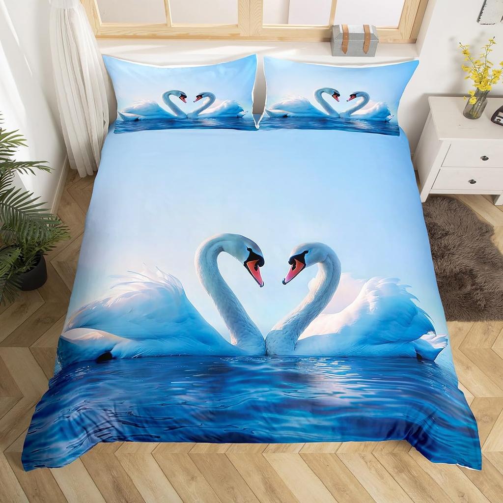 Red Rose Beding Set White Swan Soft Duvet Cover Quen Wild Animal Romantic Flower Warm Comforter Cover for Young Girls Woman Lady Weding Decor