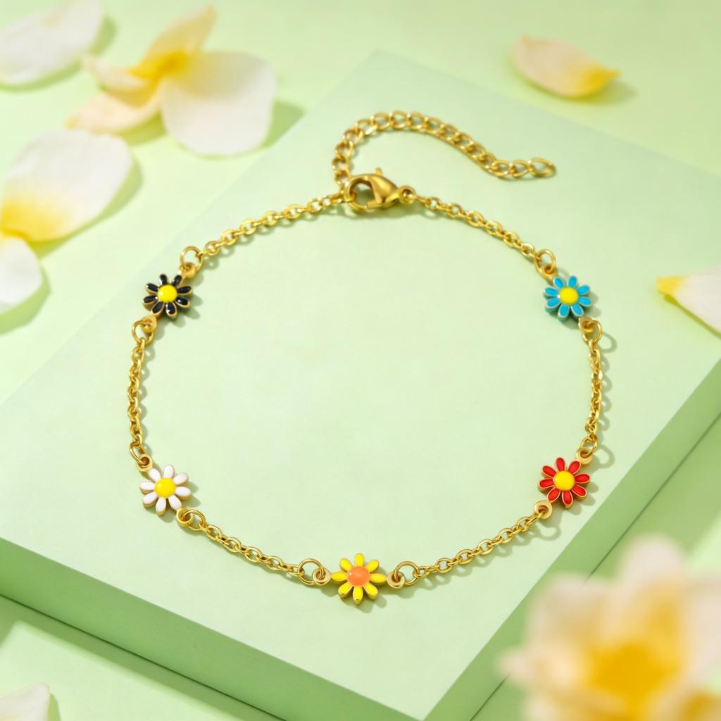 Sommer Böhmisches Gänseblümchen-Ketten-Fußkettchen für Damen Mädchen Blumen-Knöchelarmband Bein-Kette Strandparty Urlaub Fußschmuck Geschenk