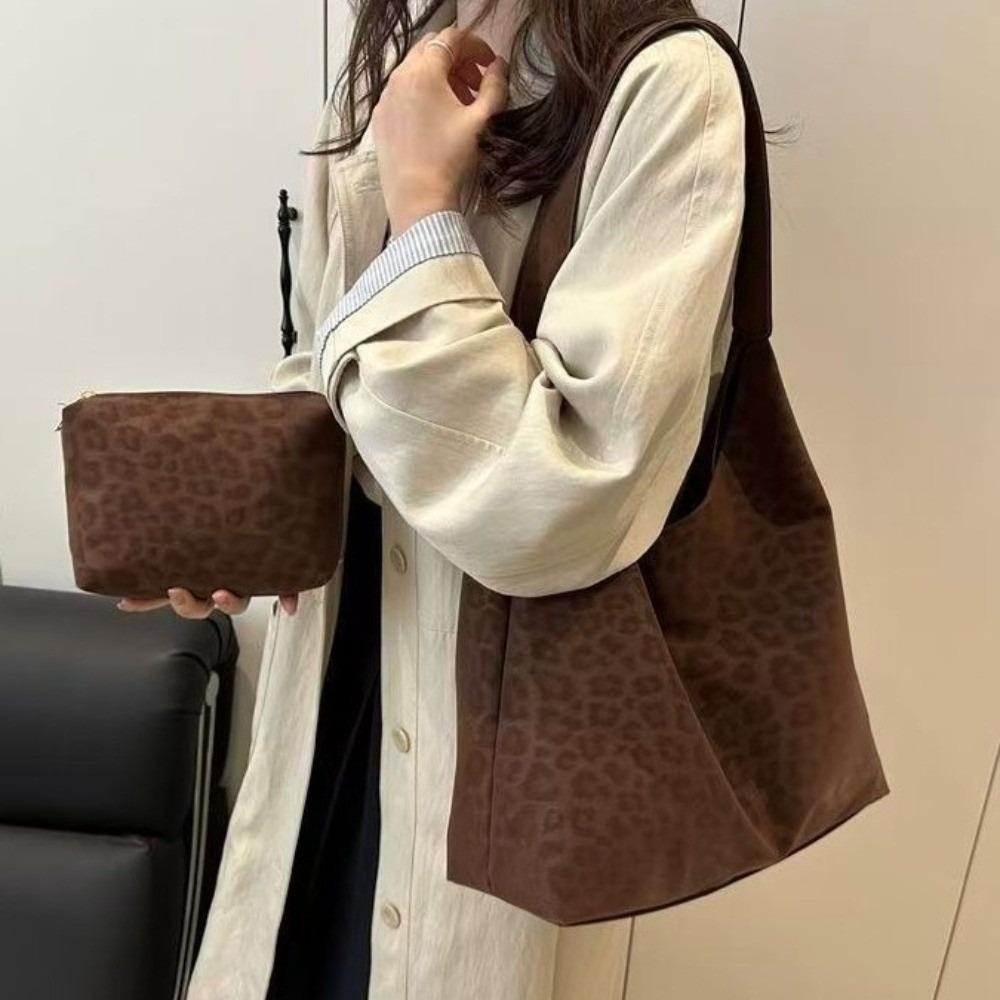 Large Capacity Leopard Print Shoulder Bag Vintage Hobo Handbag Versatile Tote Bag Set Casual